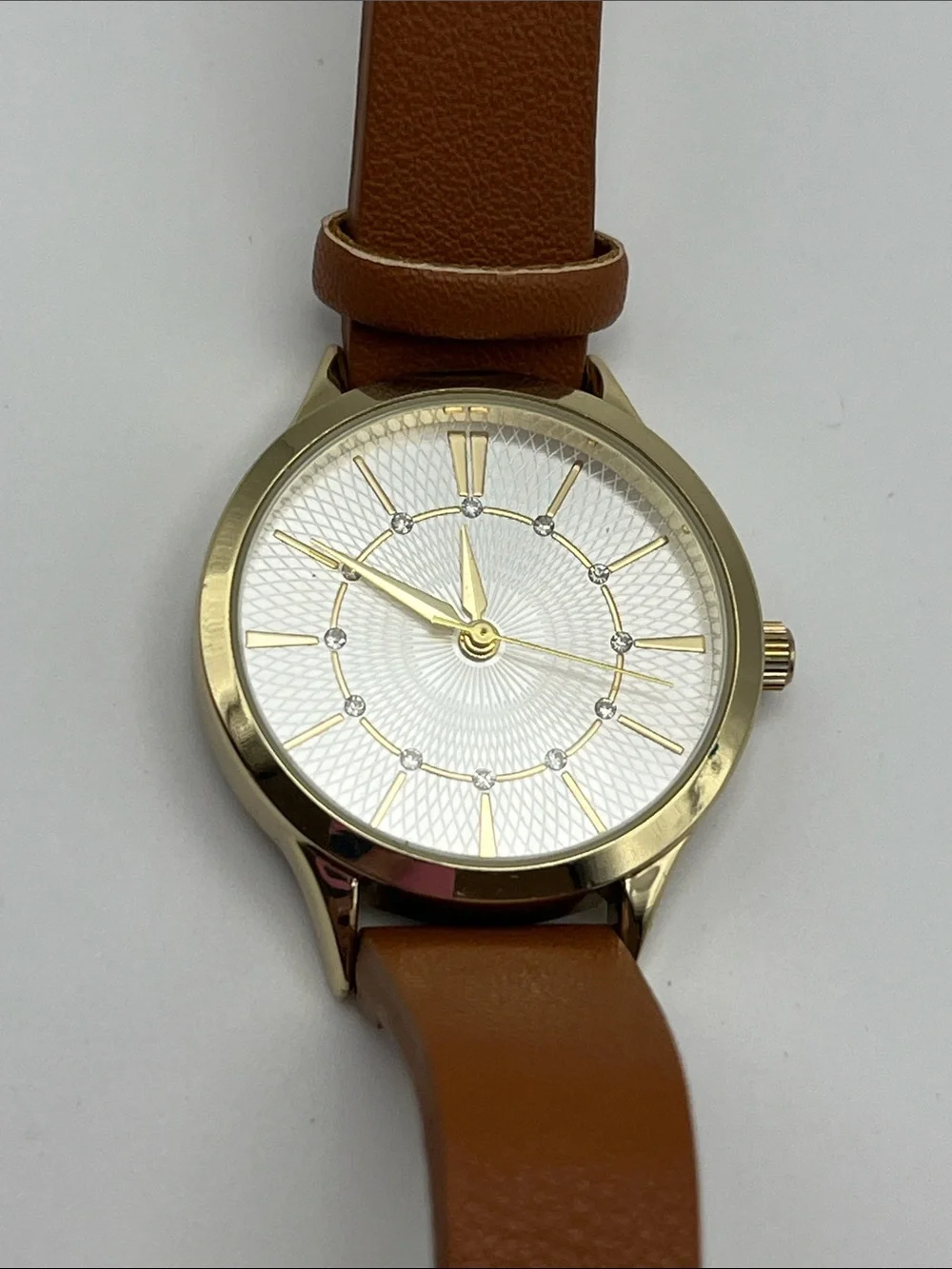 Gold-Tone Watch with Brown Leather Strap